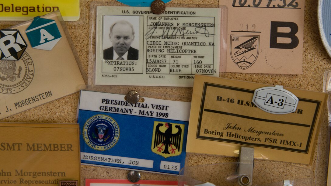 John Morgenstern displays memorabilia collected from his career throughout his office at Marine Corps Air Facility Quantico, Virginia, which decorates every wall, July 15, 2014. Morgenstern has been the technical representative at Marine Helicopter Squadron One for the last 47 years. (U.S. Marine Corps photo by Sgt. Aaron Hostutler/released) 