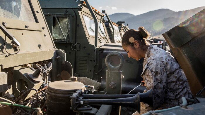 U.S. Marine Cpl. Monica M. Coleman conducts maintenance quality checks on her Medium Tactical Vehicle Replacement aboard Marine Corps Warfare Training Center in Bridgeport, Calif., Sept. 6, 2014. Coleman, 20, is from San Antonio, and is a motor-transportation operator with Headquarters and Service Battalion, 1st Marine Regiment, 1st Marine Division. (U.S. Marine Corps photo by Sgt. Emmanuel Ramos/Released)