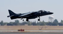 A United States Marine Corps AV-8B Harrier performs a vertical takeoff during the California Capital Airshow in Sacramento, Calif., Sept. 6, 2014. The Harriers primary function is to provide close air support to ground forces. (U.S. Air Force photo by Staff Sgt. Robert M. Trujillo/Released)