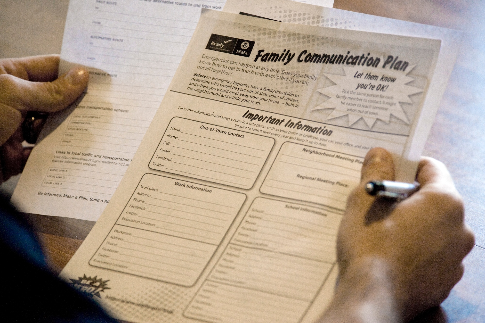 It is important to know disasters can strike at any time, so it is vital to plan how to get to a safe place, how to make contact with separated loved ones, and how to meet back together. According to Ready.gov, it is important to identify an emergency contact, such as a friend or relative who lives out-of-state, as a point of contact. It may be easier to make a long-distance phone call than trying to call across town during a disaster. Ready.gov also states, every family member should know the phone number of the family’s emergency contact, and has either a cell phone, change for a pay phone or prepaid phone card to use, if needed. (U.S. Air Force photo by Airman 1st Class Rachel Loftis)