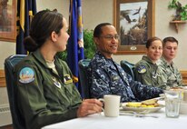Adm. Cecil D. Haney, U.S. Strategic Command commander, center, talks with ICBM missile combat crew officers assigned to the 341st Missile Wing Sept. 9 during a breakfast at Malmstrom Air Force Base, Mont. Pictured with the admiral are: 1st Lt. June Richards, 490th Missile Squadron, left; 1st Lt. Brittany Baver, 341st Operations Support Squadron; and 1st Lt. Andrew Lake, 10th MS. USSTRATCOM is one of nine DoD unified combatant commands and is charged with strategic deterrence, space operations, cyberspace operations, joint electronic warfare, global strike, missile defense, intelligence, surveillance and reconnaissance, combating weapons of mass destruction, and analysis and targeting. (U.S. Air Force photo/John Turner)