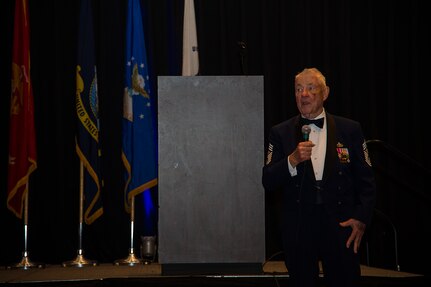 Retired Chief Master Sgt. Robert Gaylor, the fifth Chief Master Sergeant of the Air Force, delivers his speech during the 2014 Air Force Ball Sept. 6, 2014, at the North Charleston Convention Center in North Charleston, S.C. Gaylor spoke to Airmen about the changes in today's Air Force compared to yesterday's Air Force. (U.S. Air Force Photo/Tech. Sgt. Rasheen Douglas)