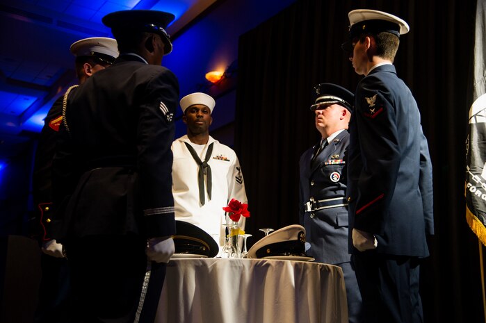 The Joint Base Charleston Honor Guard posts the Colors during this year’s Air Force Ball Sept. 6, 2014, at the North Charleston Convention Center in North Charleston, S.C. This year’s ball celebrated 67 years of military superiority through air power. (U.S. Air Force photo/Tech. Sgt. Rasheen Douglas)