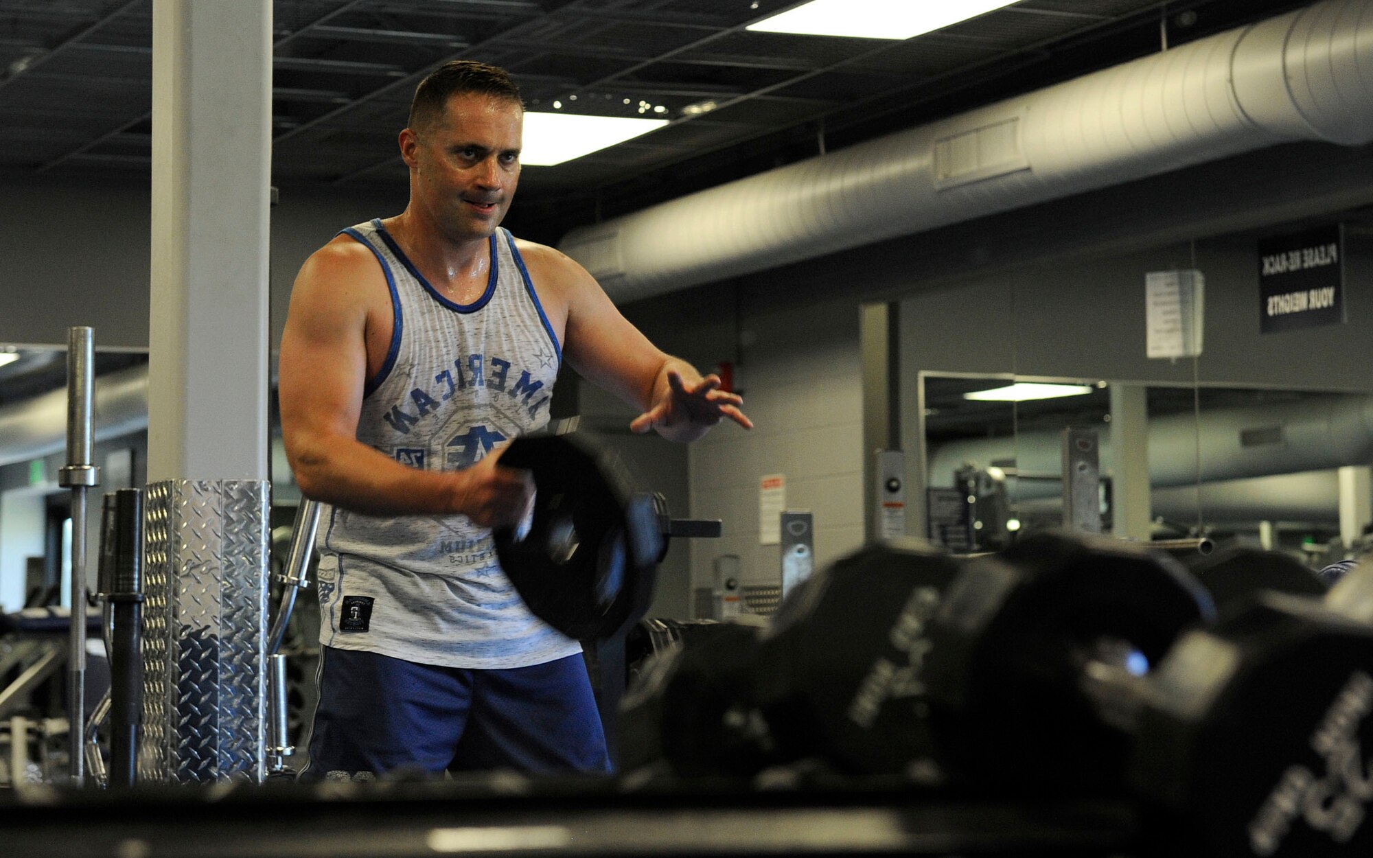 U.S. AIR FORCE ACADEMY, Colo. – Master Sgt. Benjamin “Paul” Horton, 21st Civil Engineer Squadron explosive ordnance disposal program manager, works out at the Academy Fitness Center Sept. 3. Horton is training for the first ever Invictus Games, which will take place in London Sept. 10-14. The Games will help combat warriors prove they still have a purpose and cannot be defeated just from being wounded in combat. (U.S. Air Force photo/Airman 1st Class Rose Gudex)