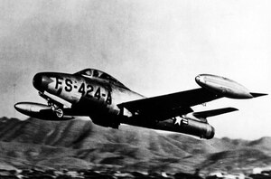 A Michigan ANG F-84 Thunderjet operates at Luke Air Force Base, Ariz., during the Korean War, circa 1951. The F-84 was the first jet-powered aircraft assigned to the Michigan ANG. 