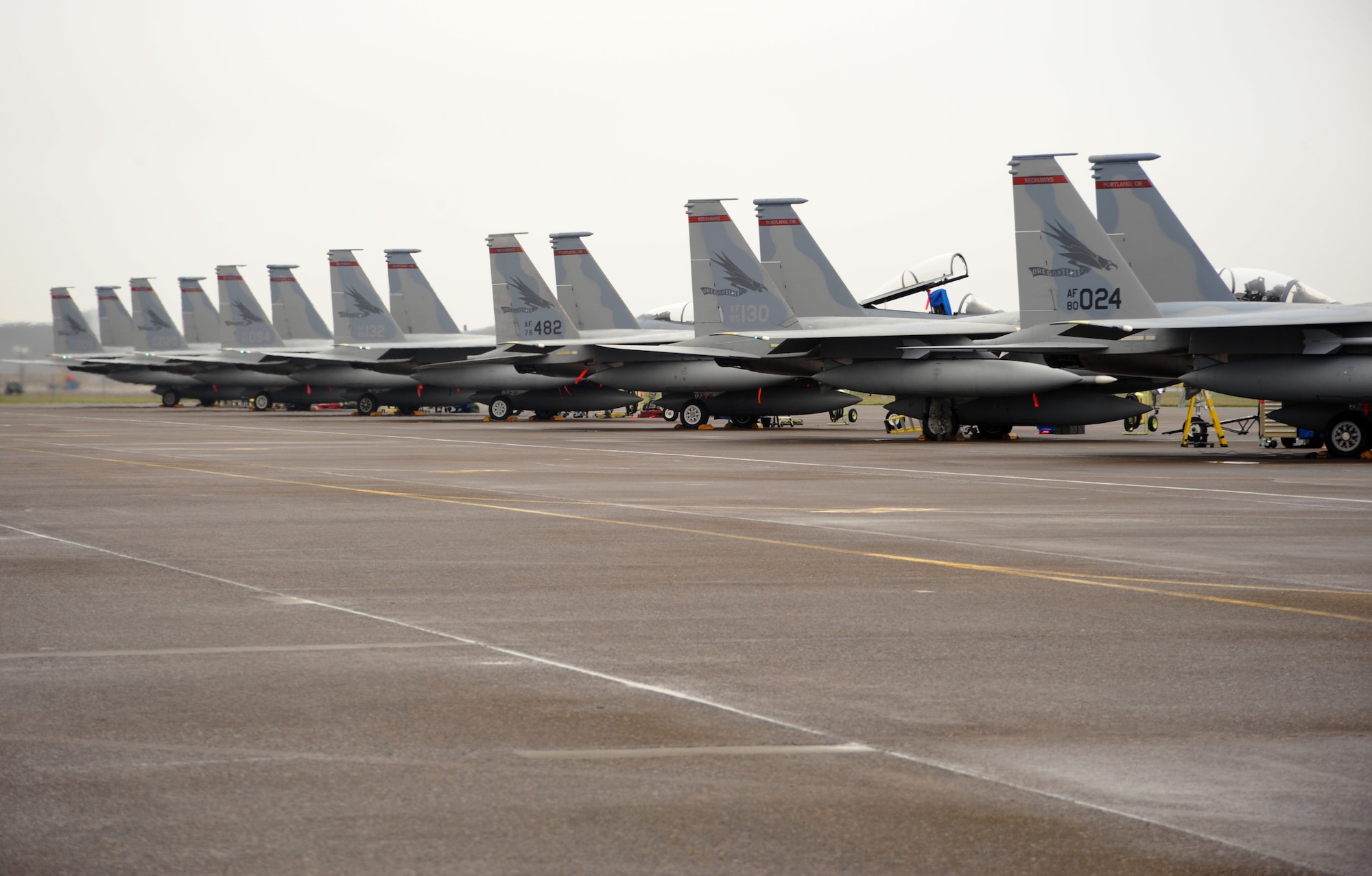 A view of the Portland Air National Guard Base, Ore., ramp with F-15 Eagles lined up on March 6, 2011, prior to new aircraft shelters being assembled in 2014. The new shelters will protect the airframes from sunlight, rain, snow and other environmental elements. (U.S. Air National Guard photo by Tech. Sgt. John Hughel, 142nd Fighter Wing Public Affairs/Released)