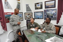 Col. Matthew Isler, 12th Flying Training Wing commander, and Chief Master Sgt. Troy Palmer, 12th FTW command chief, meet with Staff Sgt. Kenneth Keith, command chief executive assistant, to sign their 2014 Combined Federal Campaign contribution forms Sept. 9, 2014, at Joint Base San Antonio-Randolph.  The CFC is a once-a-year workplace campaign available to federal employees, this year’s campaign runs through Dec. 15.  (U.S. Air Force photo by Melissa Peterson)