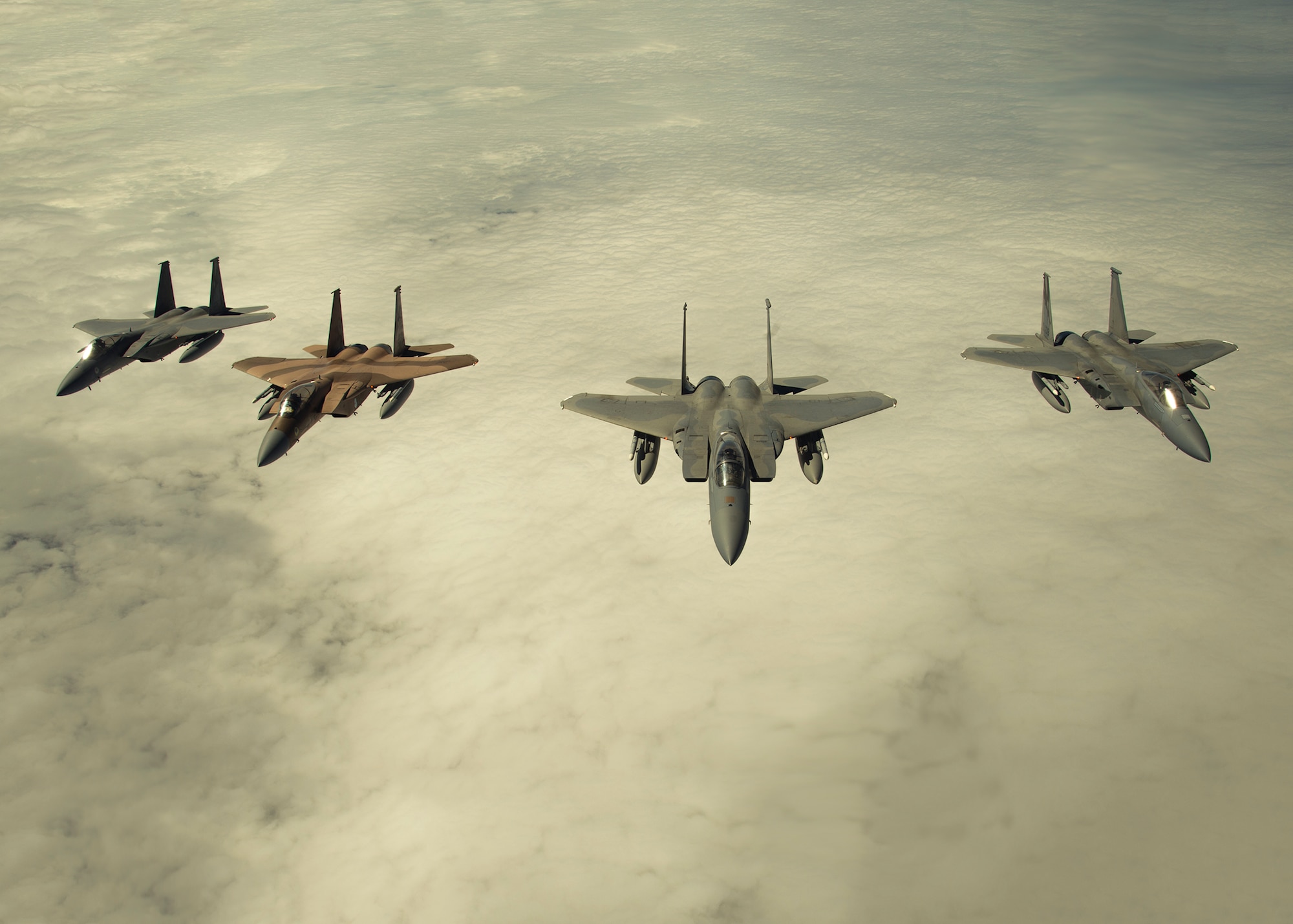 Four F-15 Eagles from the 144th Fighter Wing, Fresno, Calif., fly in formation as they make their way to participate in the Weapons System Evaluation Program (WSEP) at Tyndall Air Force Base, Fla. for the wing’s inaugural deployment with these aircraft.  WSEP provides a dissimilar aircraft training environment for pilots and crews to test their abilities during combat situations. (US Air National Guard photo by Master Sgt. David J. Loeffler)