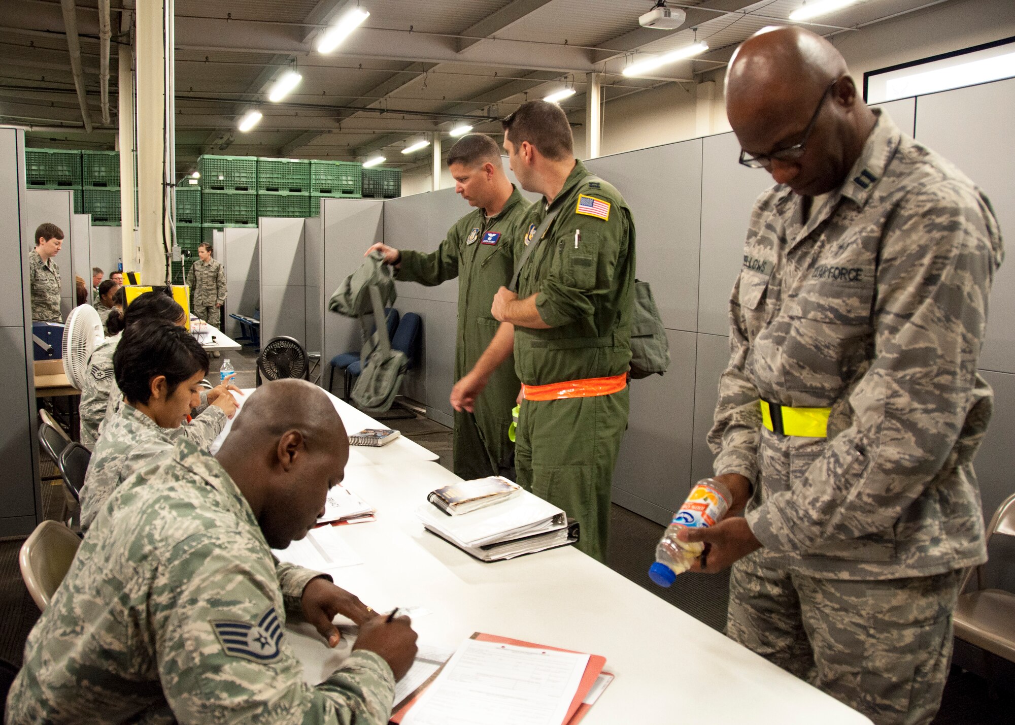 TRAVIS AIR FORCE BASE, Calif. -- 60th and 349th Air Mobility Wing members participated in a "position the force exercise, Sept. 6, 2014 (U.S. Air Force photo / Staff Sgt. Amelia Leonard)