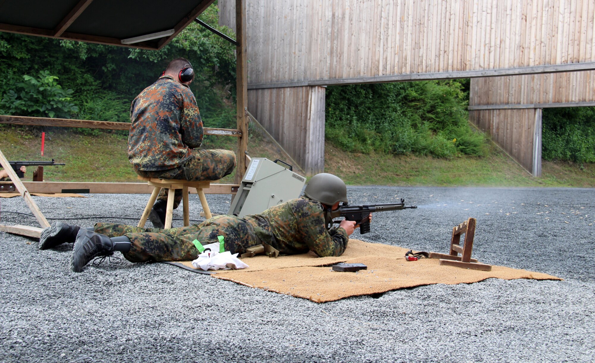 A German competitor shoots a rifle Aug. 5, 2014, during the 2014 CIOR
Military Competition in Hammelburg, Germany.  Reservists in teams
representing more than 20 nations competed in the military pentathlon July
31-Aug. 9.   (Courtesy photo by Nadja Klöpping, German Armed Forces Reservists Association)

