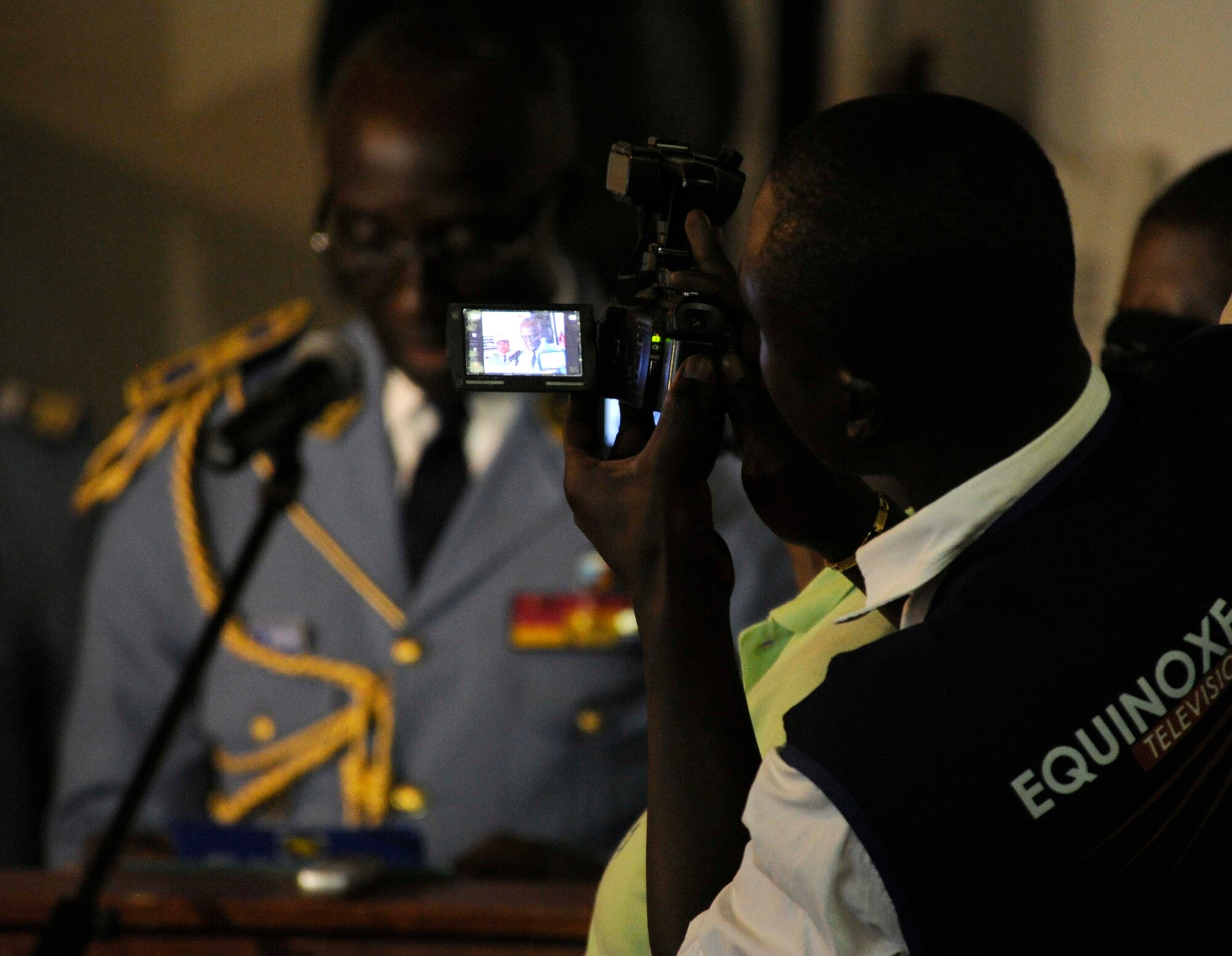 Chief of Air Staff, Cameroon Air Force Brigadier General Jean Calvin Momha addresses all the Air Chiefs and the 33 representatives from 16 different news outlets in attendance at the 4th Annual African Air Chiefs Symposium, Sept. 9, 2014, in Douala, Cameroon. (U.S. Air Force photo by Tech Sgt. Patrick Mitchell)
