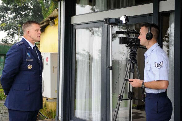 The commander of U.S. Air Forces Africa, Gen. Frank Gorenc talks one on one with AFN before the opening ceremony of the 4th Annual African Air Chiefs Symposium, Sept. 9, 2014, in Douala, Camerron.  Gen. Gorenc talked about growing partnerships, building our combined capabilities together so that we can promote security, prosperity and human dignity. (U.S. Air Force photo by Tech Sgt. Patrick Mitchell)