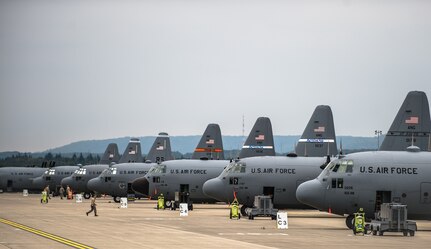 C-130s from the Air National Guard wait on the Ramstein Air Base flightline, Germany, Sept. 3, 2014, just days before they'll be loaded up with Army and Air Force paratroopers to support the Steadfast Javelin II exercise. Steadfast Javelin II was a NATO-led exercise involving more than 2,000 service members from several nations, and takes place across Estonia, Germany, Latvia, Lithuania and Poland. 