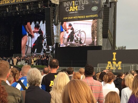 A video tribute to wounded warriors kicks off the opening ceremony of the inaugural Invictus Games Sept. 10, 2014, in London. The Invictus Games are a Paralympic-style contest that features wounded warriors from different nations competing in various events. (Courtesy photo)