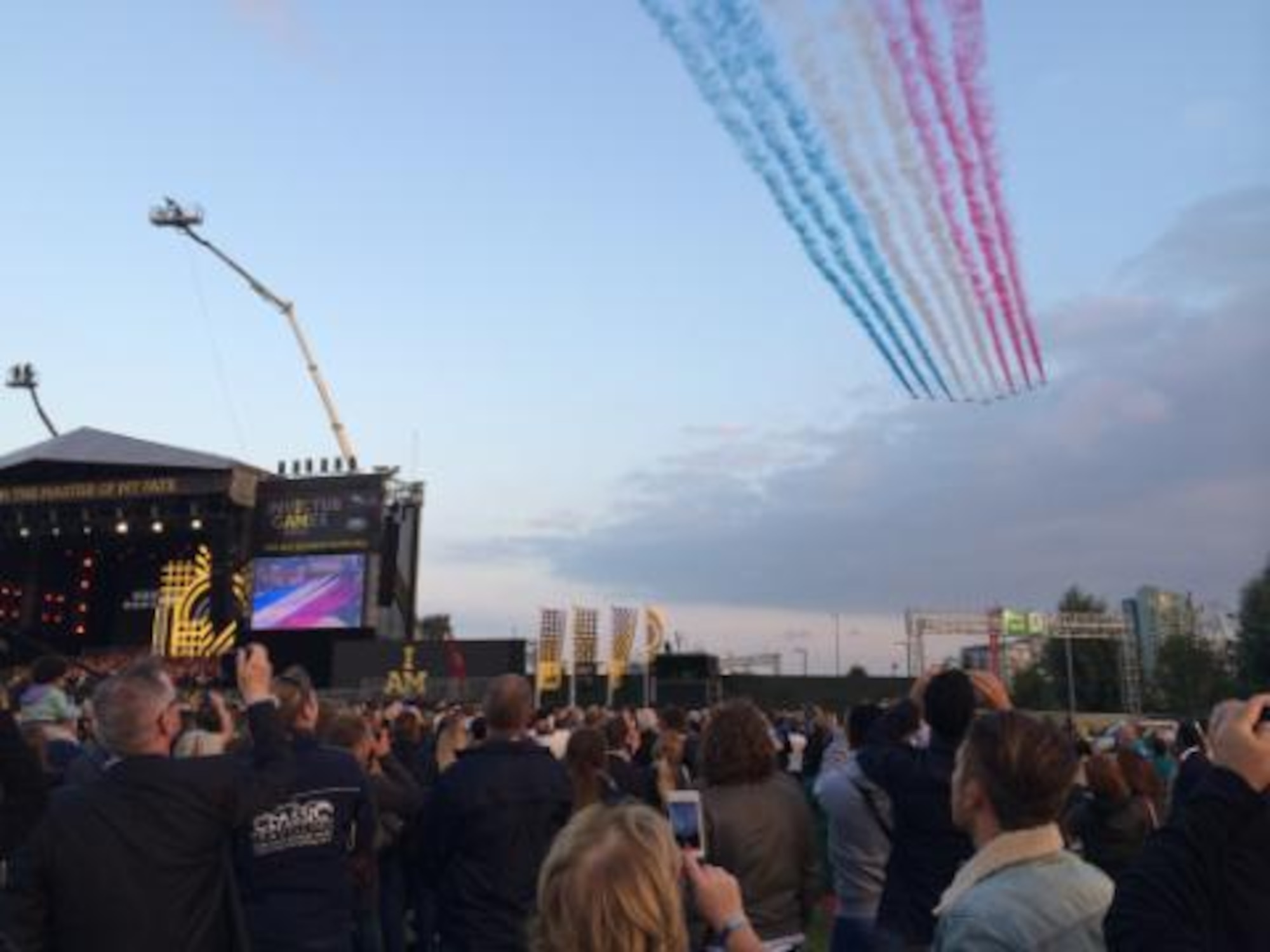 A flyover by the Royal Air Force’s aerial aerobatic team, The Red Arrows, helped kick off the opening ceremony for the inaugural Invictus Games Sept 10, 2014, in London. The Invictus Games are a Paralympic-style contest that features wounded warriors from different nations competing in various events. (Courtesy photo)