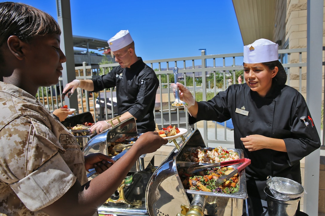 The 22 Area Mess Hall hosted the Marine Corps Installations- West, Chef of the Quarter Culinary Competition, Sept. 9-10, in partnership with Sodexo. The competition started off with twelve teams who were assessed for their culinary knowledge and proficiency through written and verbal quizzes. The top four teams continued to a cook-off stage, where they were given three proteins and fresh ingredients to prepare a high-quality menu. The first place winners were awarded priority seats for a two-month course at the Culinary Institute or America and a Certificate of Commendation from Brig. Gen. Edward D. Banta, the commanding general of MCI-West, MCB Camp Pendleton. (U.S. Marine Corps photo by Cpl. Shaltiel Dominguez)
