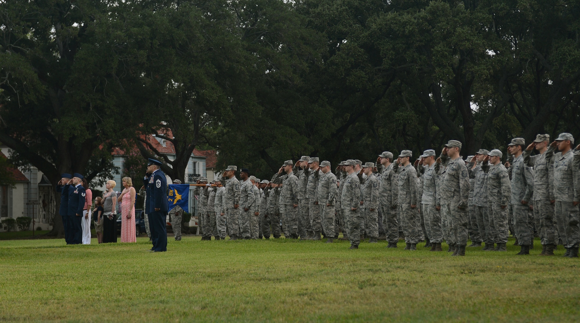 Barksdale Airmen salute during the 9/11 Remembrance Ceremony on Barksdale Air Force Base, La., Sept. 11, 2014. Members of Team Barksdale gathered to honor the fallen of Sept. 11, 2001 and those who lost their lives defending the Nation. (U.S. Air Force photo/Senior Airman Benjamin Gonsier)