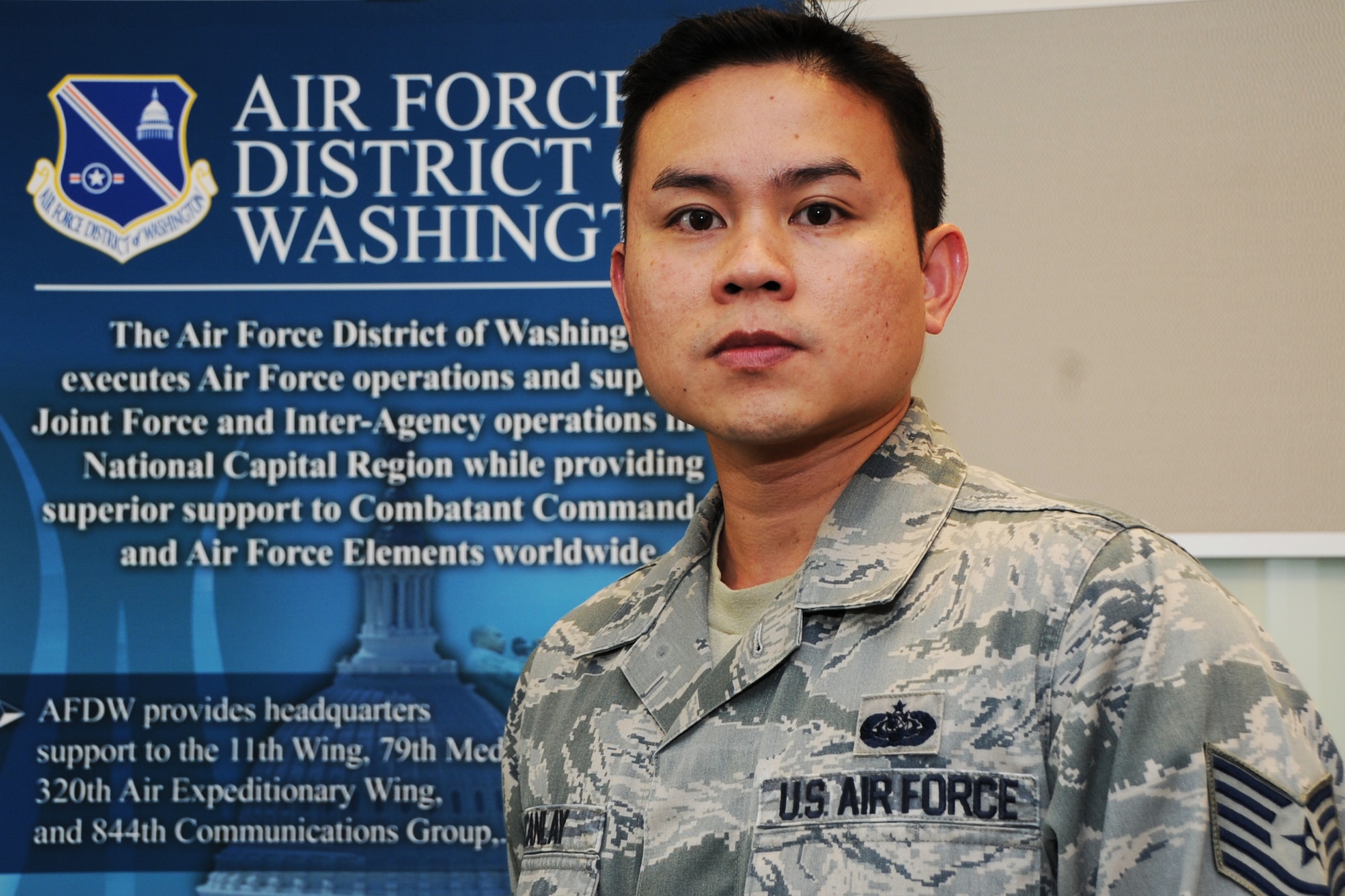 Tech. Sgt. Jacques Mcanlay, Air Force District of Washington Secretary of Defense Executive Travel Communications team chief, is an AFDW Capital Airman. Mcanlay, joined the Air Force in 2000, and has been part of AFDW since January. (U.S. Air Force photo/Staff Sgt. Matt Davis)