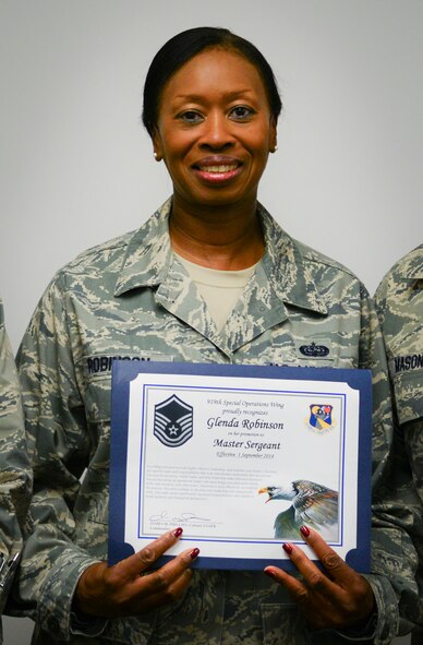 Tech. Sgt. Glenda Robinson, 919th Special Operations Wing staff, was selected for promotion to master sergeant via the Promotion Enhancement Program.  She will sew on her new stripe Oct. 1.  The 919th Special Operations Wing had seven PEP promotees this year.  (U.S. Air Force photo/Tech. Sgt. Cheryl Foster)