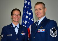 Staff Sgt. Tiffany Martinez, 919th Special Operations Maintenance Group, and Master Sgt. William Piggott, 919th Special Operations Maintenance Squadron, were promoted to technical sergeant and senior master sergeant respectively via the Promotion Enhancement Program.  They will sew on their new stripes Oct. 1.  The 919th Special Operations Wing had seven PEP promotees this year.(U.S. Air Force photo/Tech. Sgt. Cheryl Foster)
