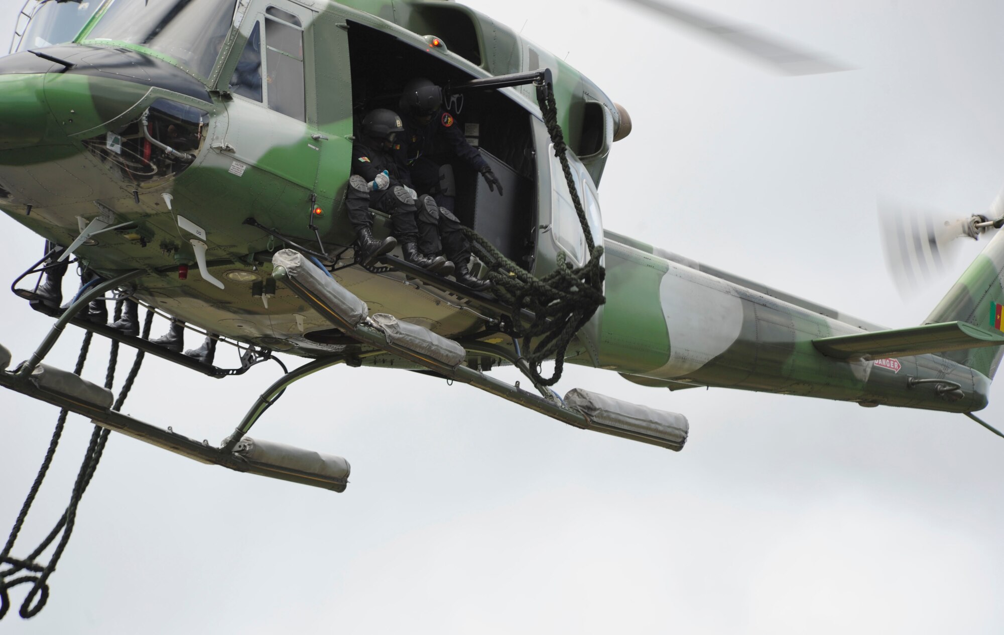 The Rapid Intervention Battalion Base troops give the African Air Chiefs a demonstration of their capabilities. Since 2010, year of RIB creation more than 75 percent of their missions conducted pertained to operations or campaigns. Sept. 10, 2014, RIB Base, Cameroon. (U.S. Air Force photo by Tech Sgt. Patrick Mitchell)