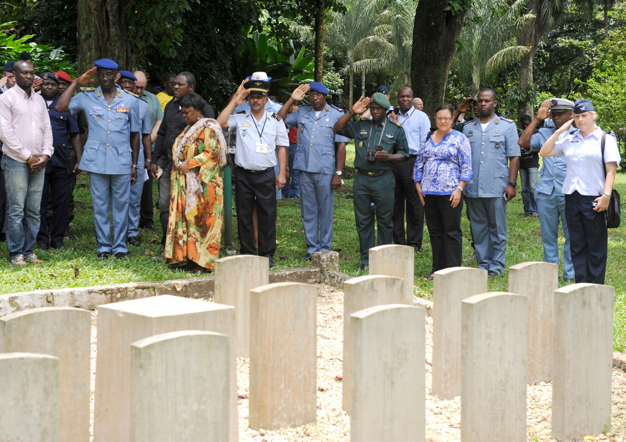 The African Air Chiefs visit the Limbe Botanic Garden cemetery for the honored soldiers of the Nigerian Regiment of 1914-1942. The Air Chiefs took time to pay their respect. “When you go home tell them of us and say for your tomorrows these gave their today” John Maxwell Edmonds 1875-1958. (U.S. Air Force photo by Tech Sgt. Patrick Mitchell)