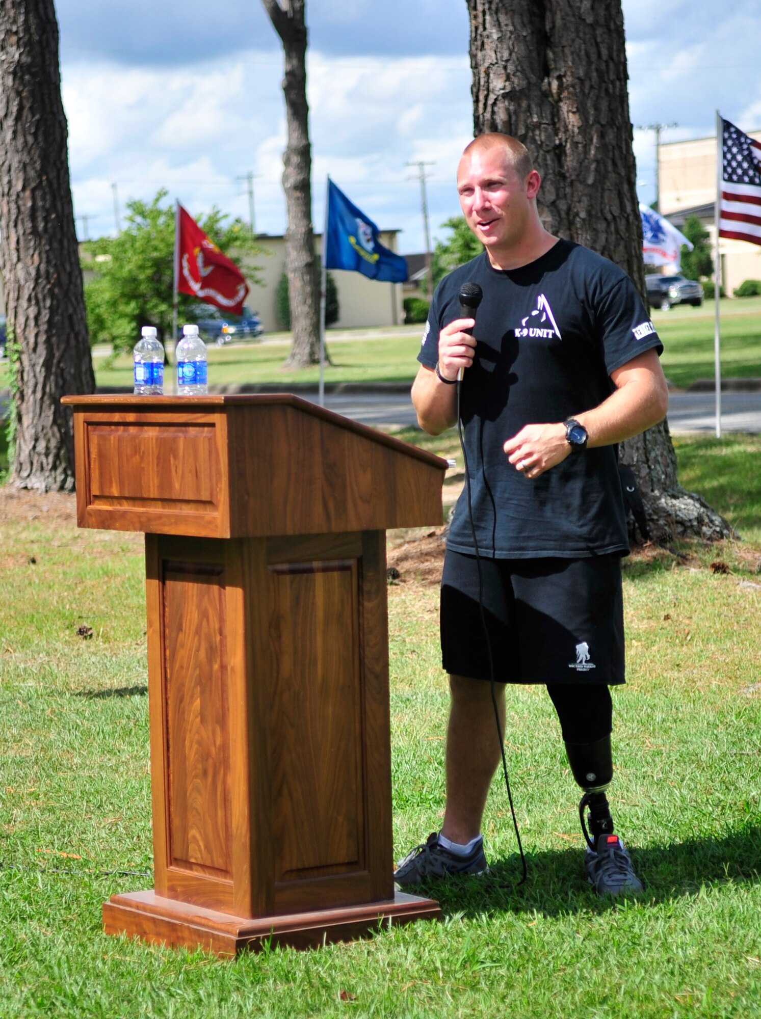 Tech. Sgt. Benjamin Seekell, 4th Security Forces Squadron Military Working Dog trainer, addresses the crowd after the second annual Run for the Fallen 5K/Half-Marathon on Sept. 6 at Seymour Johnson Air Force Base, North Carolina. The Seymour Johnson AFB Company Grade Officer’s Council hosted the event. More than 275 military service members and their families assigned to installations across the East Coast participated in the run. [Note: The Seymour Johnson Air Force Base Company Grade Officer's Council is a private organization. It’s not a part of the Department of Defense or any of its components and it has no governmental status] (U.S. Air Force photo/Airman 1st Class Shawna L. Keyes)