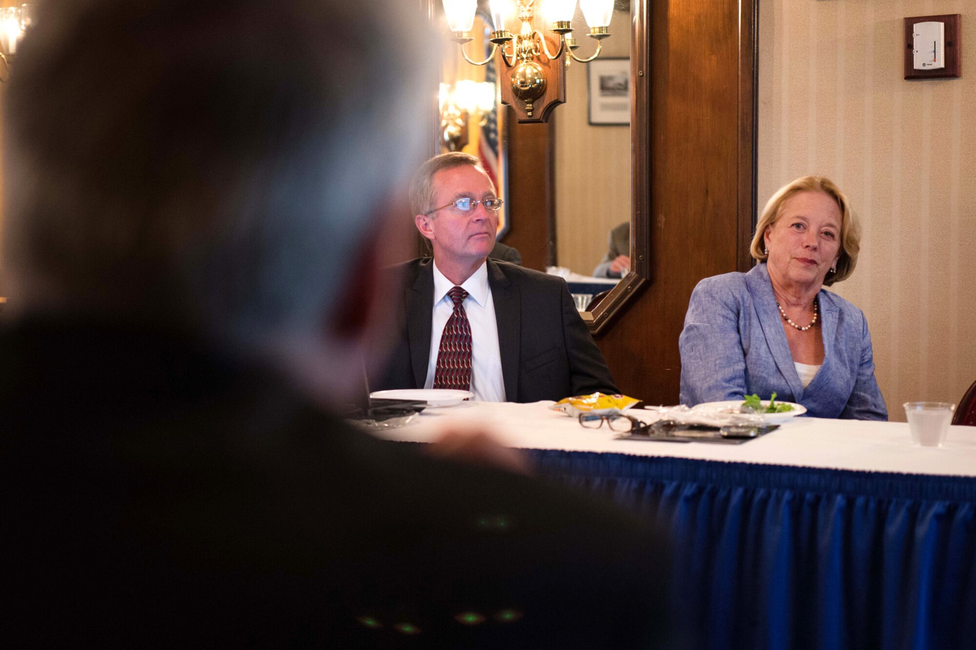 Paul Zauner, Paul Revere Chapter of the Air Force Association president, briefs U.S. Rep. Niki Tsongas during an association luncheon at the Minuteman Commons Sept. 5.  Tsongas was invited to discuss current affairs with the Paul Revere Chapter of the Air Force Association. (U.S. Air Force photo by Mark Herlihy)