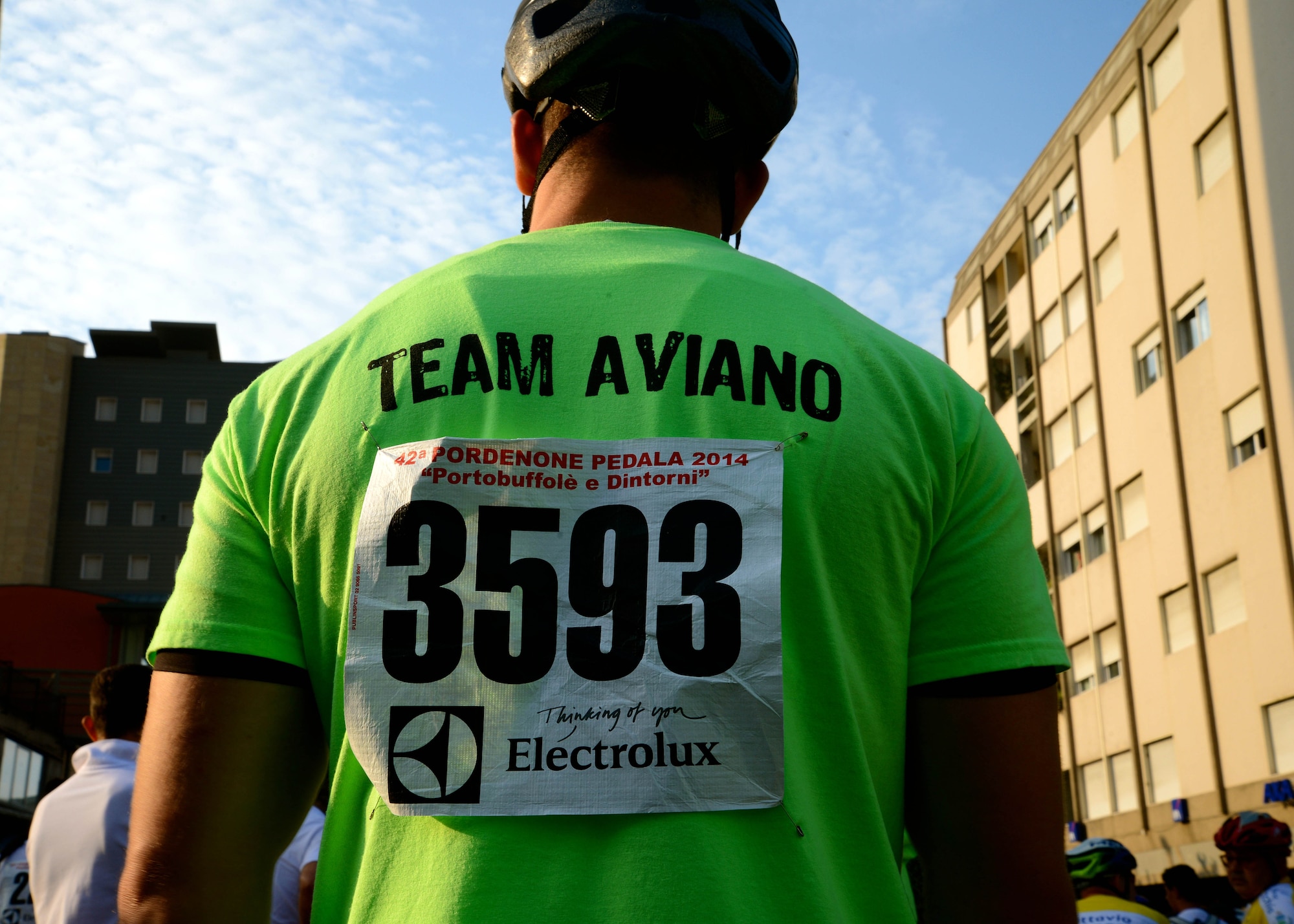 A Team Aviano member participates in the 42nd Annual Pordenone Pedala bike ride, Sept. 7, 2014, in Pordenone, Italy. The event that started in Pordenone had riders cycle approximately 28 miles through 12 local Italian towns. (U.S. Air Force photo/Capt. Lacie Collins)