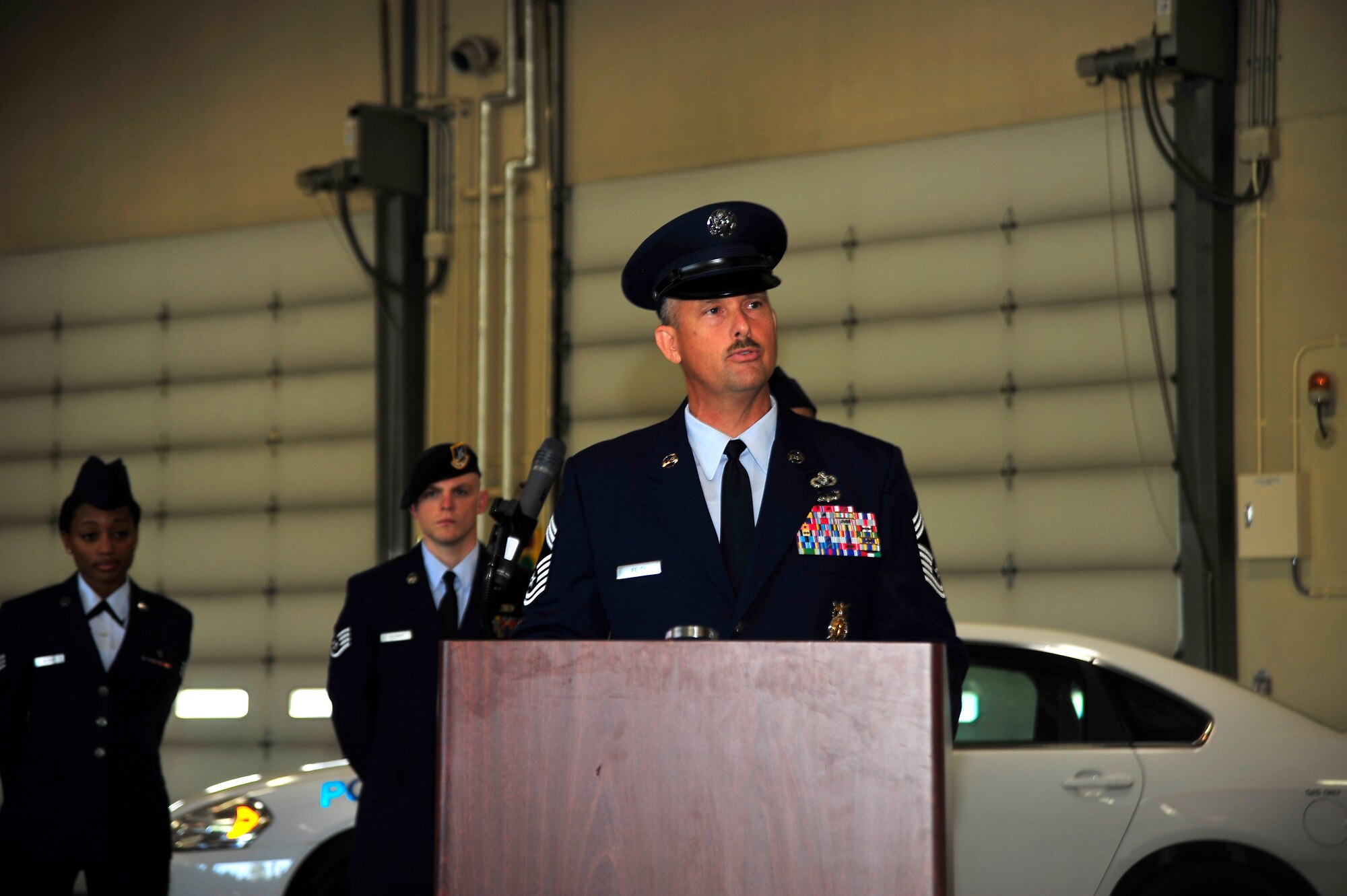 U.S. Air Force Chief Master Sgt. Jeffrey Felty, 35th Civil Engineer Squadron fire chief, spoke out to members of the base reminding them that today was a day of reflection during the September 11th ceremony on Misawa Air Base, Japan, Sept. 11, 2014.  Chief Felty said "That day the United States, Japan and the rest of the world would never be the same.  As that carnage unfolded, 2,977 innocent lives were taken from us." (U.S. Air Force photo/Tech. Sgt. April Quintanilla)