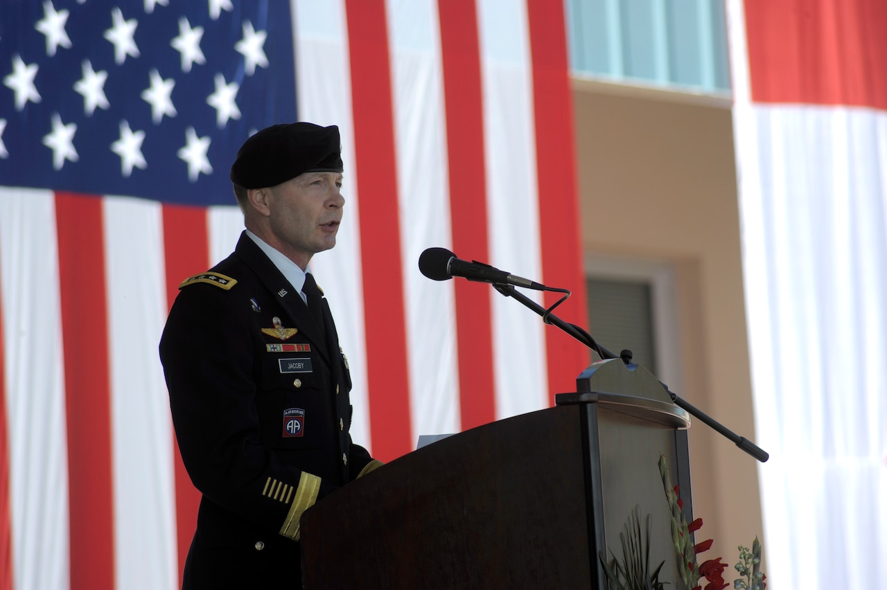 Army Gen. Charles H. Jacoby Jr., commander of North American Aerospace Defense Command and U.S. Northern Command, addresses nearly 700 service members and community leaders from across Colorado Springs at the 9/11 Commemoration held at Cheyenne Mountain Air Force Station, Sept. 11, 2014. U.S. Air Force photo by Master Sgt. Andy Bellamy
