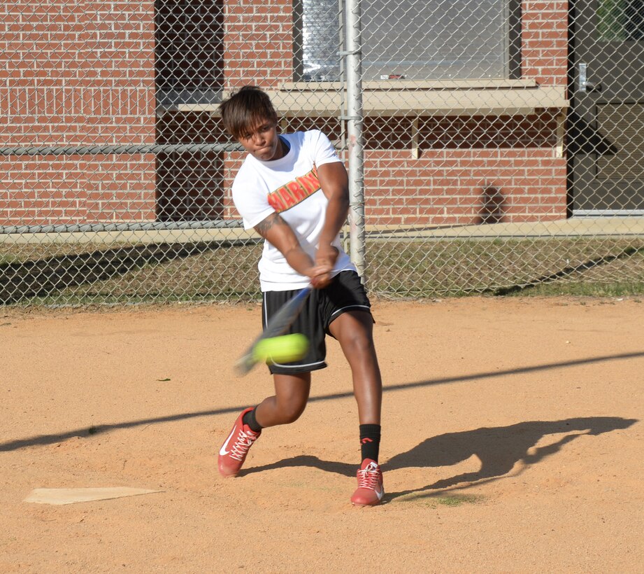 Sgt. Candice Clark practices her batting skills at one of Marine Corps Logistics Base Albany’s softball fields, recently. The practice helped hone her skills for the All-Marine Women’s Softball Team tryouts at Fort Sill, Oklahoma, from Sept. 3-14. 