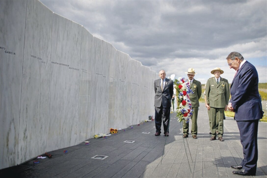 On the eve of the 11th anniversary of the Sept. 11, 2001, terrorist attacks, then- Defense Secretary Leon E. Panetta lays a wreath at the Flight 93 Memorial Plaza Wall of Names in Shanksville, Pennsylvania, Sept. 10, 2012. 