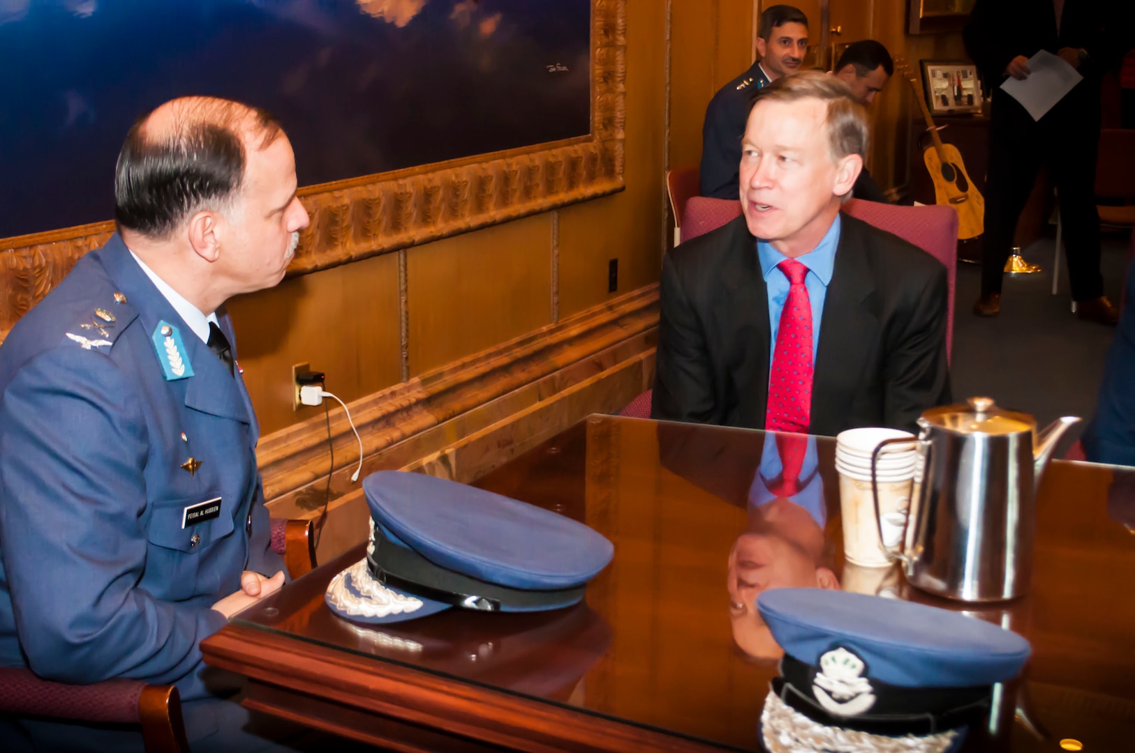 His Royal Highness Lt. Gen. Prince Feisal  discusses the partnership, or as he calls it, "a brotherhood," with the Colorado National Guard during an office call with Colorado Gov. John Hickenlooper.

