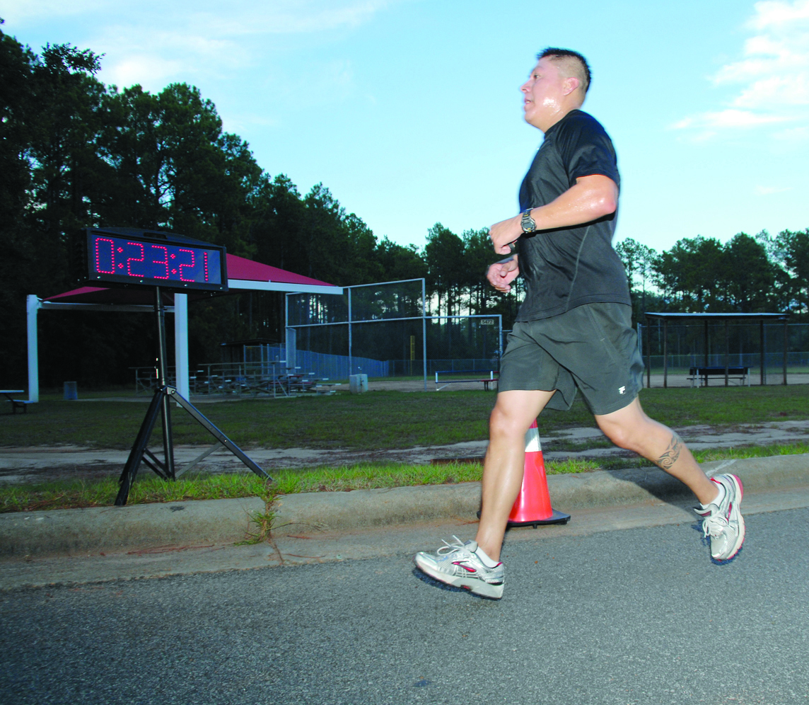 Master Sgt. Roberto Nolasco, operations and training chief, Operations and Training Division, Marine Corps Logistics Base Albany, wins the Naval Branch Health Clinic’s first Hot Summer Nights 5K Run/Walk, Sept. 4. The purpose of the event was to raise awareness for mental health and the dangerous effects of tobacco use. 