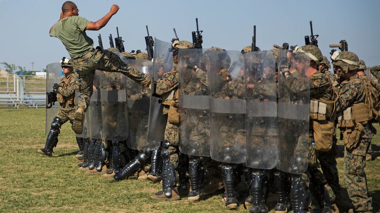 Marines from Golf Co., 2nd Battalion, 2nd Marines make an anti-riot formation to defend against an attacker on Black Sea Rotational Force 14 Sept. 9 during a non-lethal weapons course on Mihail Kogalniceanu Air Base, Romania. Non-lethal skills and tactics can be taught to partner nations in Eastern Europe to build partner capacity. 