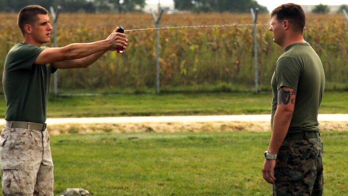A non-lethal weapons instructor sprays a Marine with Black Sea Rotational Force 14 with Oleoresin Capsicum spray during a non-lethal weapons course on Mihail Kogalniceanu Air Base, Romania, Sept. 3. Marines receive their non-lethal weapons certifications to better share the responsible and effective employment of these tactics during theater security cooperation events with their Eastern European partners. (U.S. Marine Corps photo by Lance Cpl. Ryan Young/released)