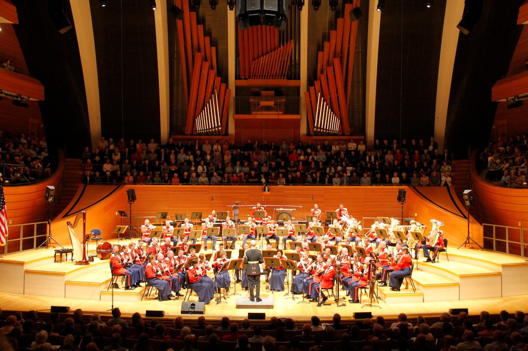 The United States Marine Band, also known as "The President's Own", performs in Helzberg Hall at the Kauffman Center for the Performing Arts  in Kansas City, Mo., Sept. 10, 2014, as part of its national tour. The tour commenced Sept. 1 and is slated to conclude Sept. 30.  The band is slated to perform at the University of Kansas Lied Center on Sept. 12, the Cloud County Community College Arly Bryant Gymnasium on Sept. 13, and will conclude their portion of the Kansas leg of its tour at the Colby Community Building in Colby, Kan., on Sept. 14.