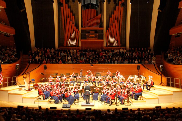 The United States Marine Band, also known as "The President's Own", performs in Helzberg Hall at the Kauffman Center for the Performing Arts  in Kansas City, Mo., Sept. 10, 2014, as part of its national tour. The tour commenced Sept. 1 and is slated to conclude Sept. 30.  The band is slated to perform at the University of Kansas Lied Center on Sept. 12, the Cloud County Community College Arly Bryant Gymnasium on Sept. 13, and will conclude their portion of the Kansas leg of its tour at the Colby Community Building in Colby, Kan., on Sept. 14.