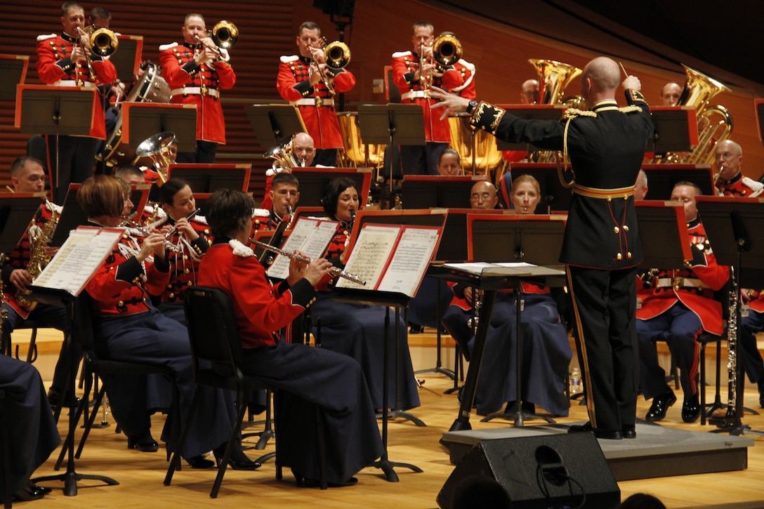 Lieutenant Col. Jason K. Fettig, the United States Marine Band director, conducts the Marine Band in Helzberg Hall at the Kauffman Center for the Performing Arts in Kansas City, Mo., as part of its 2014 National Tour. The Marine Band, also known as the "President's Own", is the oldest military band in the nation and the oldest professional musical organization in the country. The Marine Band performs at state funerals, presidential inaugurations, various sporting events, and other significant national events.