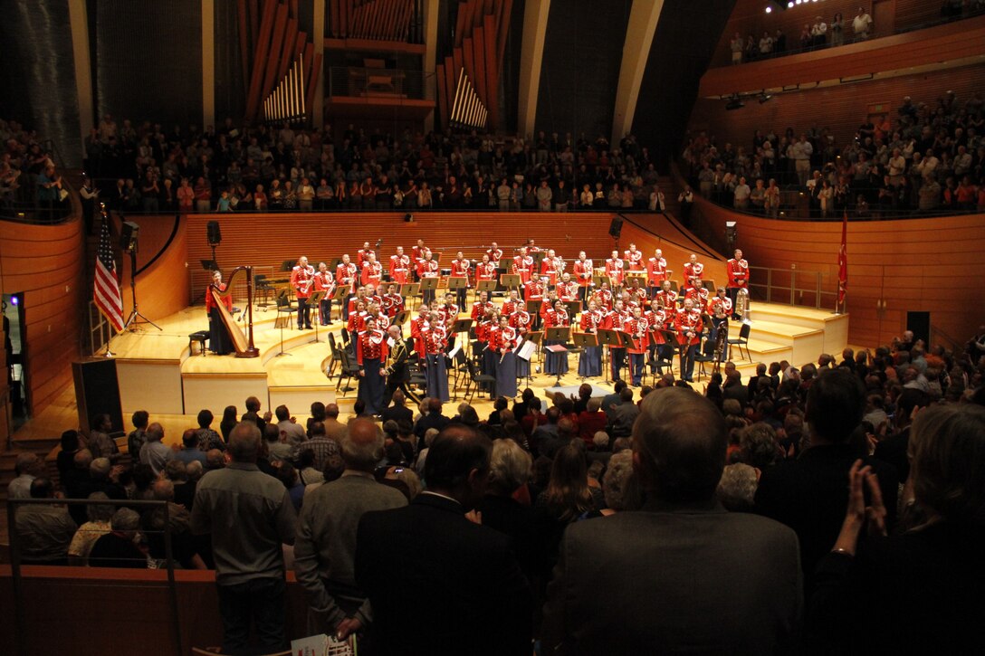 The United States Marine Band receives a standing ovation in Helzberg Hall at the Kauffman Center for the Performing Arts in Kansas City, Mo., Sept. 10, 2014, at the conclusion of the band's performance as part of its 2014 National Tour. 