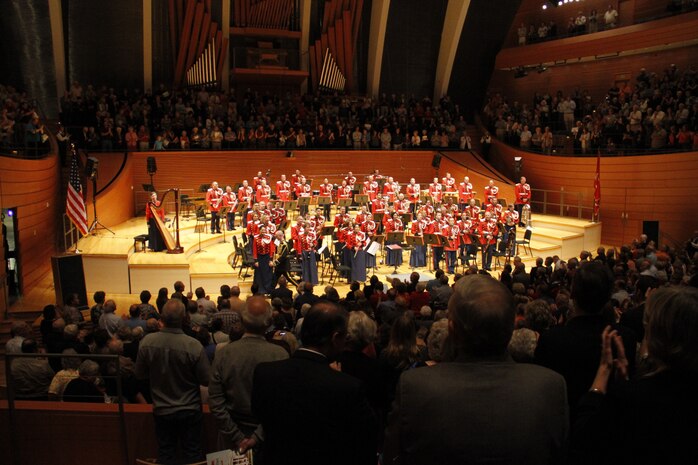 The United States Marine Band receives a standing ovation in Helzberg Hall at the Kauffman Center for the Performing Arts in Kansas City, Mo., Sept. 10, 2014, at the conclusion of the band's performance as part of its 2014 National Tour. 