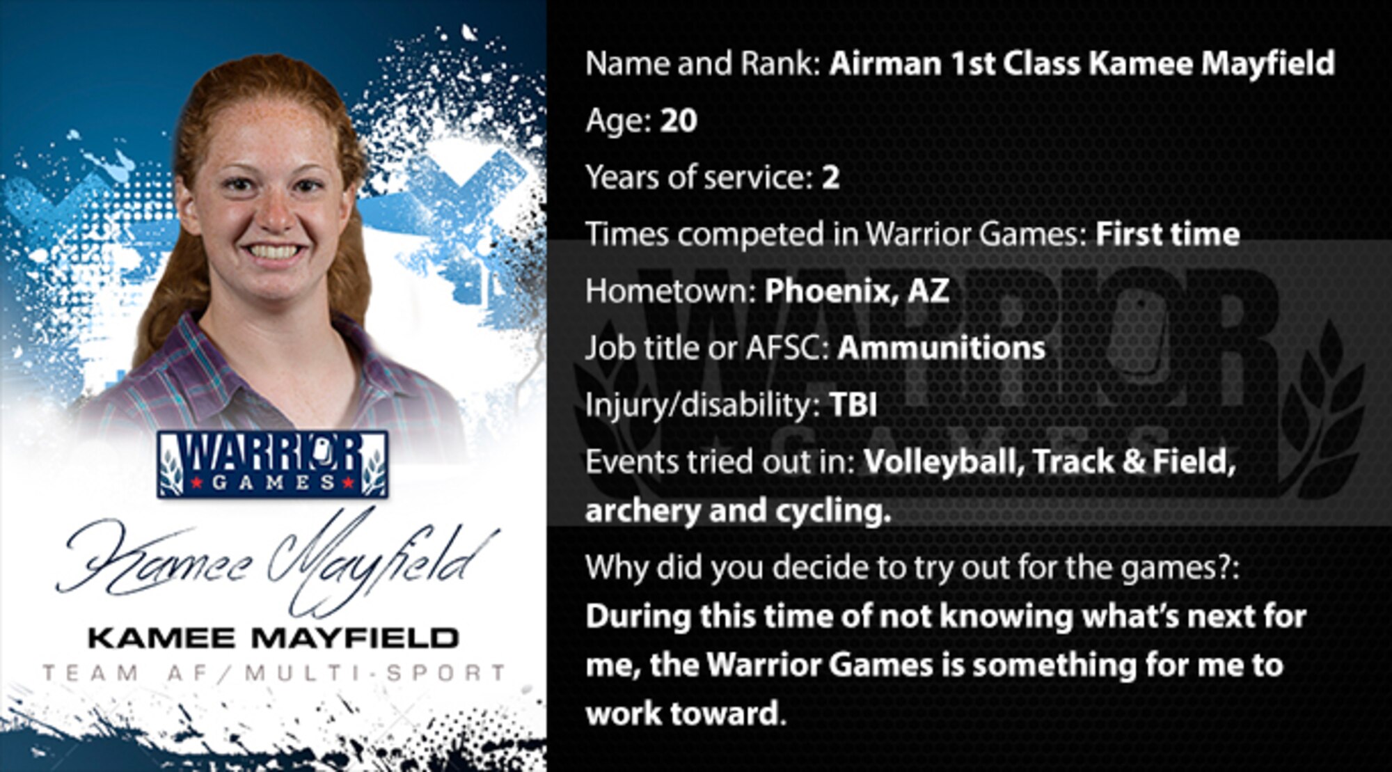 Warrior Profile -  A1C Kamee Mayfield (U.S. Air Force graphic/Corey Parrish)
