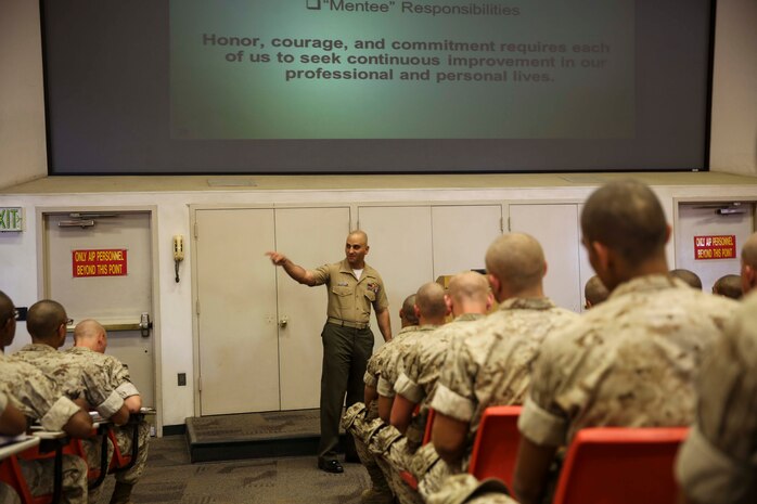 First Sergeant Cristopher Demosthenous, company first sergeant, Charlie Company, 1st Recruit Training Battalion, engages recruits during a mentorship class at Marine Corps
Recruit Depot San Diego, Calif., Sept. 1.