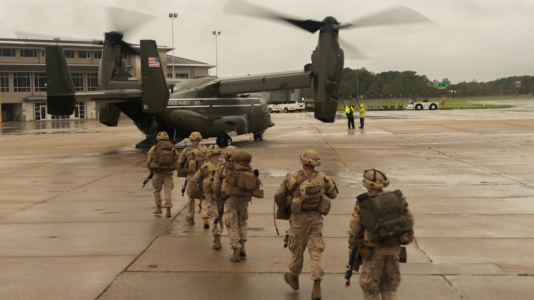 Marine officers with Charlie Company begin boarding a MV-22B Osprey Sept. 7 at Naval Station Norfolk, Va. Their seven-day War Field Exercise continued when they return to The Basic School at Marine Corps Base Quantico. 