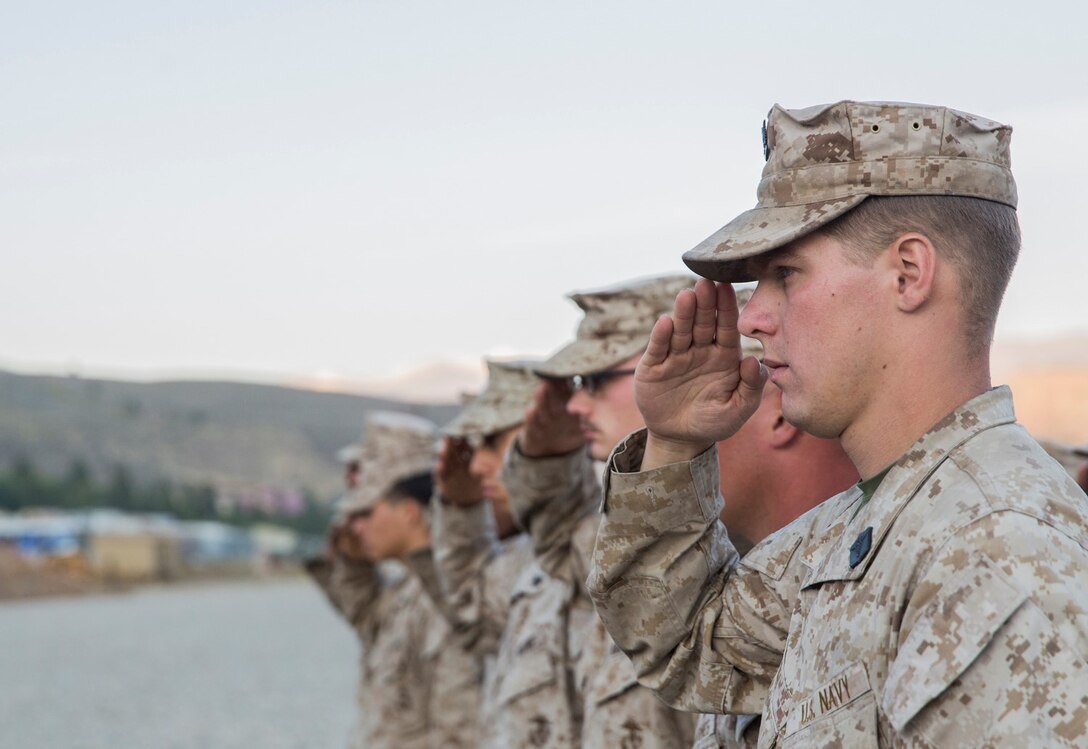 U.S. Marines and sailors with Combat Logistics Battalion 15 salute the organizational colors during a 9/11 memorial while aboard Marine Corps Mountain Warfare Training Center in Bridgeport, Calif., Sept. 11, 2014. Marines with CLB-15 will become the 15th Marine Expeditionary Unit’s combat logistics element in October. (U.S. Marine Corps photo by Sgt. Emmanuel Ramos/Released)