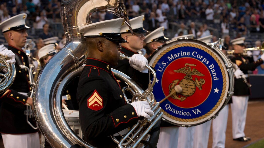 The Quantico Marine Band performs the “National Anthem” at Yankee Stadium Sept. 11, 2014, at New York City. The band traveled to the city to perform and pay their respects to the people who lost their lives 13 years ago during the 9/11 attacks on the World Trade Center. 