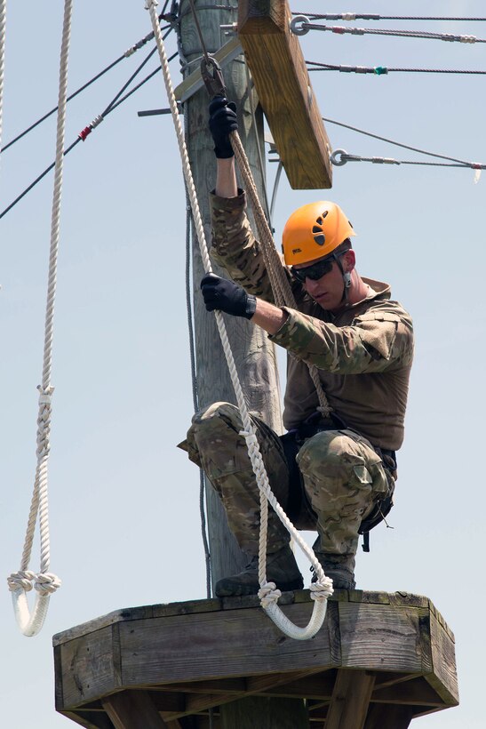 Senior Airman Jeffrey Gebhardt, 446th Force Support Squadron client systems technician, out of Joint Base Lewis-McChord, Washington, hangs around while does working his CST skills at Warrior Spirit, Aug. 20, 2014 at MacDill Air Force Base, Florida. Gebhardt has been assigned to the Joint Communications Support Element at MacDill since November 2013, and is on long-term orders to continue his needed support. Warrior Spirit is a weeklong team-based exercise built to validate technical and tactical skills while creating unit cohesion. (Courtesy photo/JCSE)