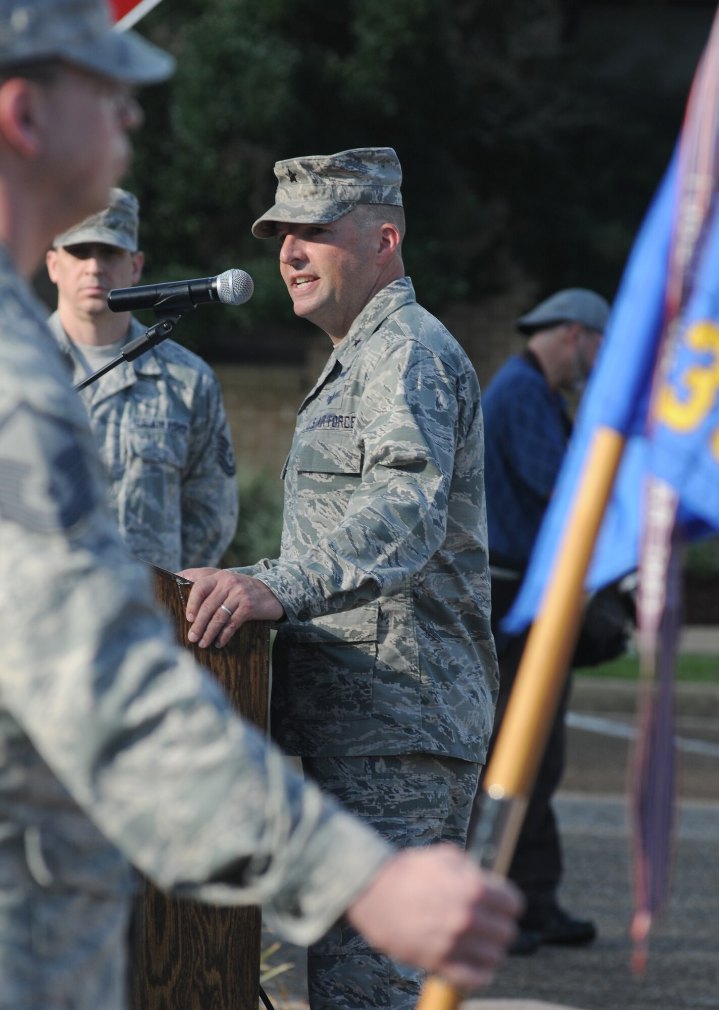 Brig. Gen. Patrick Higby, 81st Training Wing commander makes remarks during a remembrance ceremony Sept. 11, 2014, Keesler Air Force Base, Miss. The ceremony honored those who lost their lives during the 9/11 attacks.  (U.S. Air Force photo by Kemberly Groue)