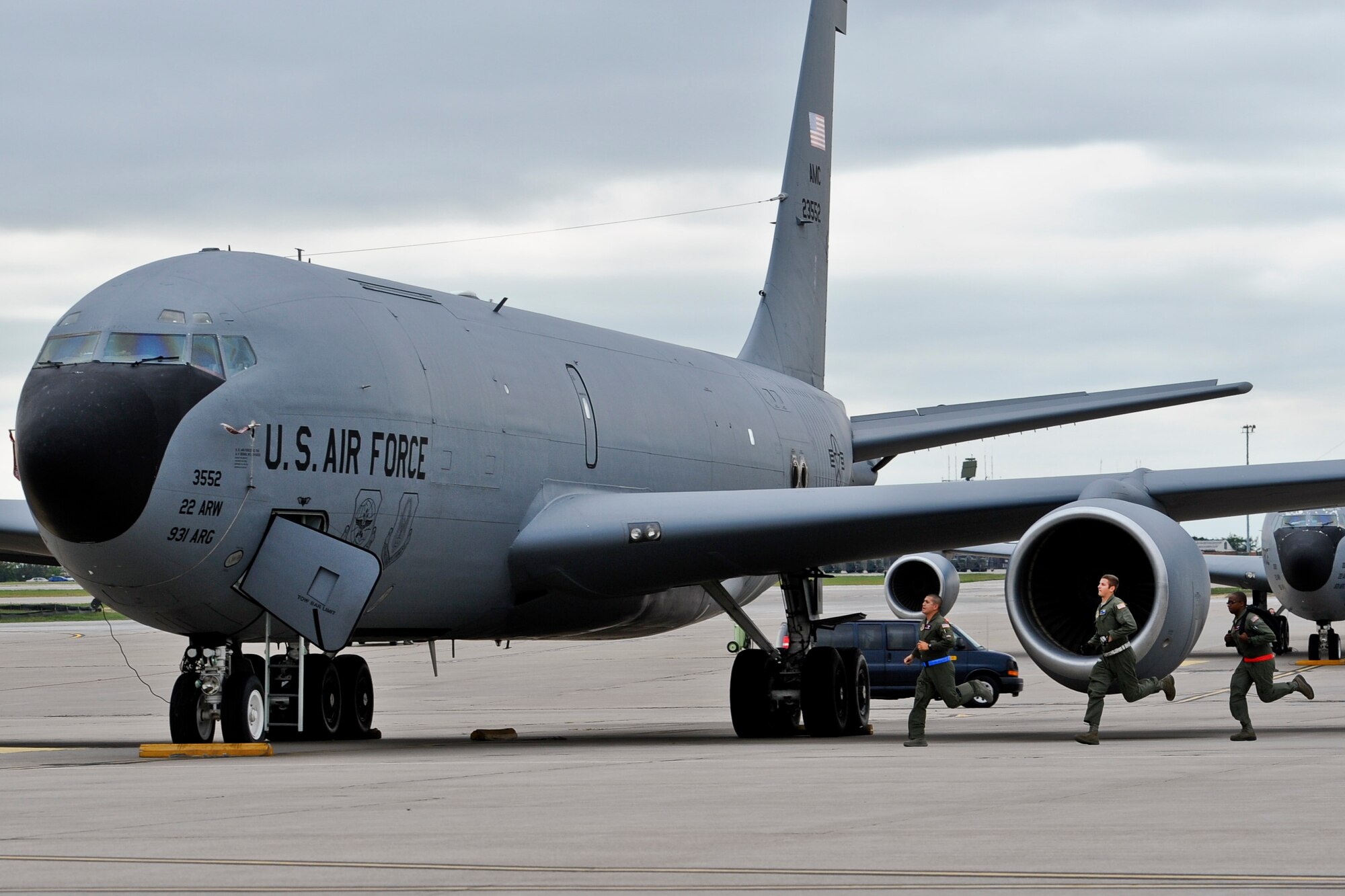 Aircrew run toward a KC-135R Stratotanker Sept. 10, 2014, at McConnell Air Force Base, Kan. They responded to a short notice training mission. (U.S. Air Force photo/Airman 1st Class John Linzmeier) When